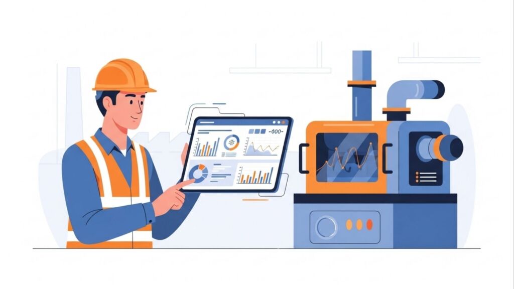 Ilustração de um trabalhador em um ambiente industrial moderno, usando capacete de segurança e colete refletivo, operando um tablet enquanto monitora o desempenho de uma máquina, com gráficos e dados em tempo real visíveis na tela.