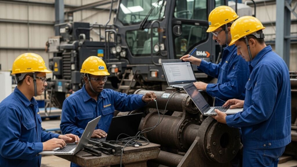 Quatro trabalhadores em uma oficina industrial, usando capacetes amarelos e uniformes azuis, trabalhando em computadores portáteis, enquanto interagem com equipamentos pesados e analisam dados.