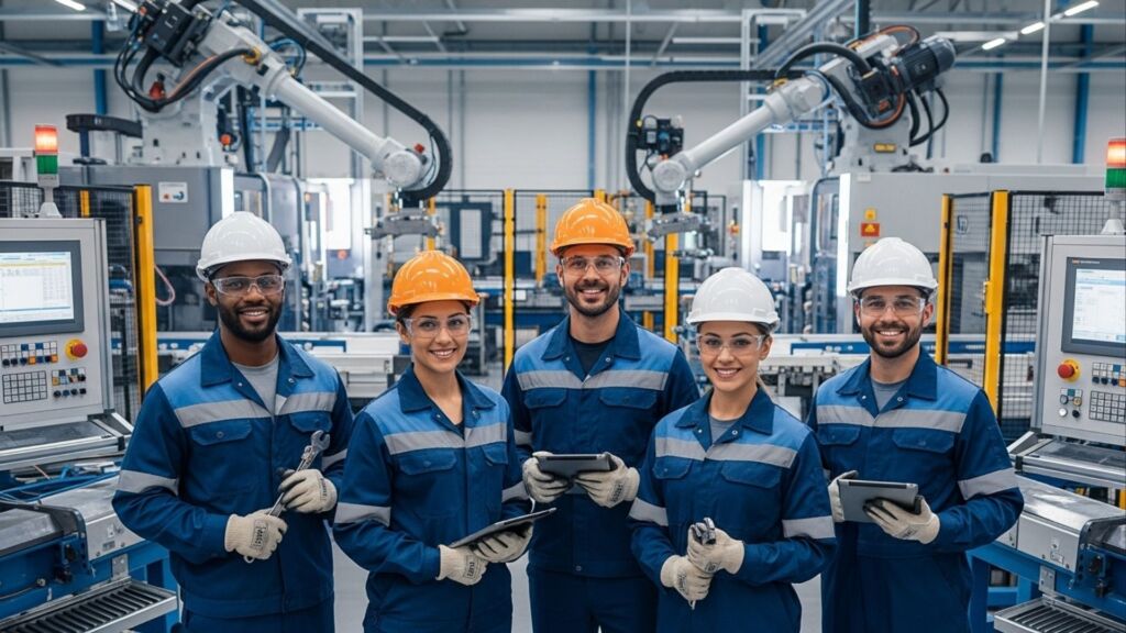 Grupo de cinco trabalhadores em um ambiente industrial moderno, usando uniformes azuis, capacetes e óculos de segurança, posando sorrindo enquanto seguram ferramentas e tablets.