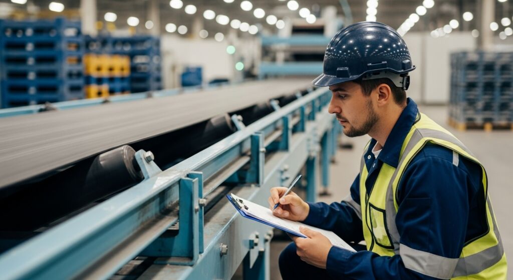 Homem com capacete e colete refletivo anotando em prancheta ao lado de esteira em fábrica.