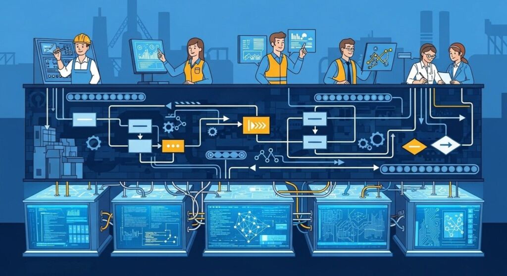 Ilustração de profissionais monitorando dados e processos industriais com sistemas digitais e inteligência artificial.