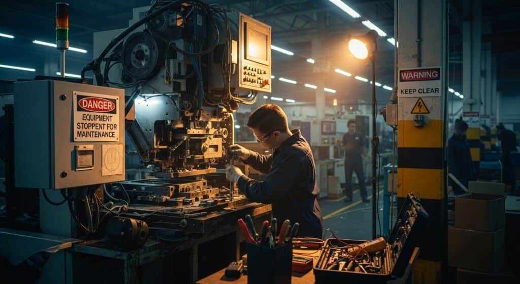 Técnico em ambiente moderno utiliza tablet para monitorar dados de desempenho exibidos em hologramas sobre equipamento automatizado — destaque para gráficos e temperatura de 3006°.