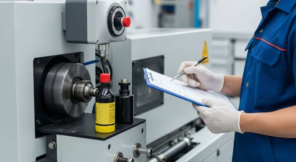 Pessoa com luvas brancas preenche formulário em prancheta ao lado de frascos de óleo e máquina industrial cinza, realizando inspeção técnica.