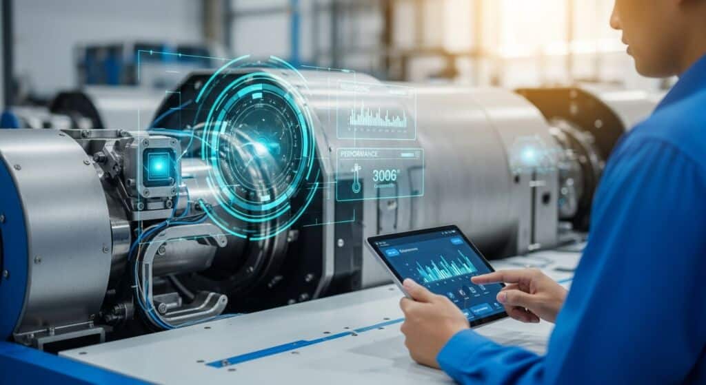 Funcionário faz manutenção em máquina parada, com ferramentas espalhadas e placas de alerta visíveis indicando risco e parada para manutenção — manutenção preditiva.