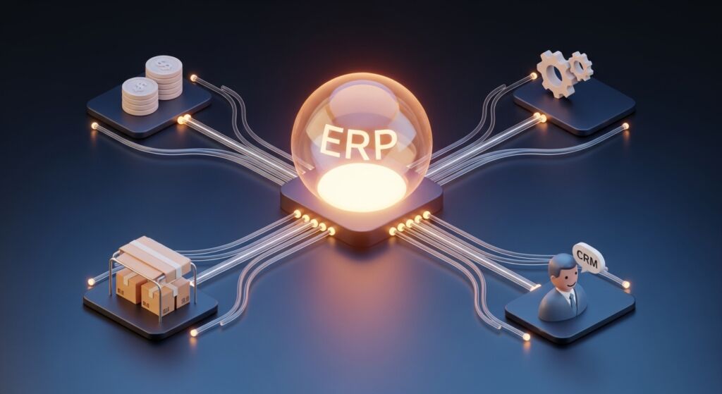 Ilustração 3D de sistema “ERP” central conectando módulos de finanças, logística, CRM e usuário, representando integração de processos e automação empresarial.