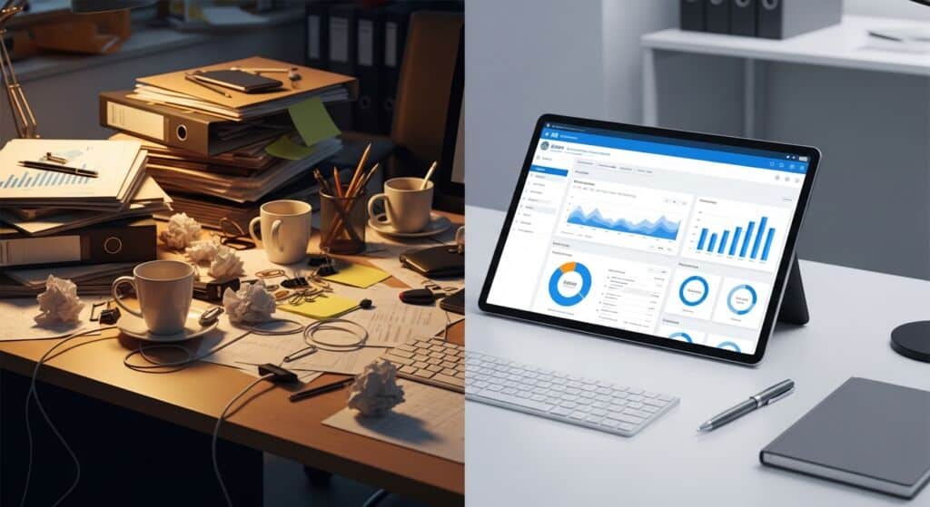 Mesa de escritório desorganizada com papéis e canecas ao lado de estação organizada com tablet exibindo dashboard de BI e relatórios, comparando produtividade e gestão por indicadores.