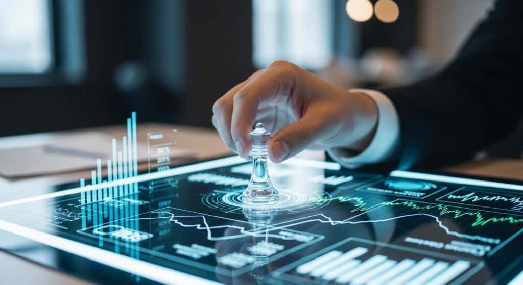 Mão posicionando peça de xadrez sobre mesa com painel digital de dados e gráficos financeiros, simbolizando estratégia de negócios e análise de desempenho.