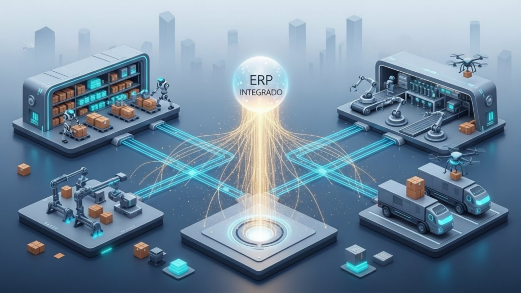 Ilustração 3D de um sistema ERP integrado centralizado, conectando digitalmente processos de logística 4.0 como robótica, gestão de armazém e transporte autônomo.
