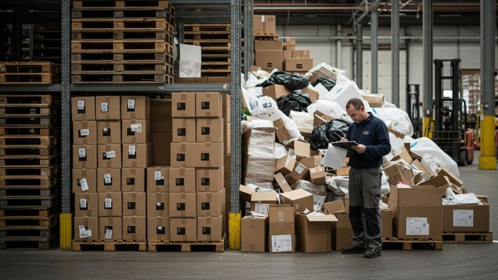 Funcionário de armazém fazendo conferência com uma prancheta ao lado de caixas de papelão e embalagens desorganizadas, contrastando com um palete de mercadorias empilhadas ao lado.