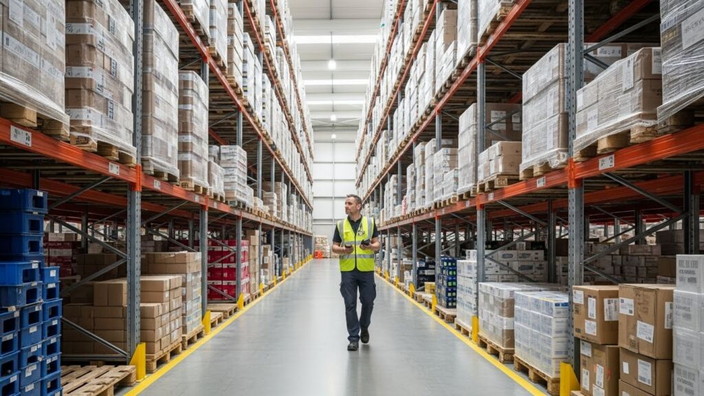 Trabalhador de logística caminhando com um scanner manual pelo corredor estreito de um armazém com pé-direito alto e prateleiras repletas de paletes organizados.