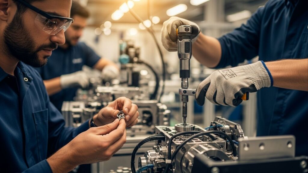 Técnicos montando ou ajustando componente mecânico com ferramentas e luvas em linha de montagem industrial.