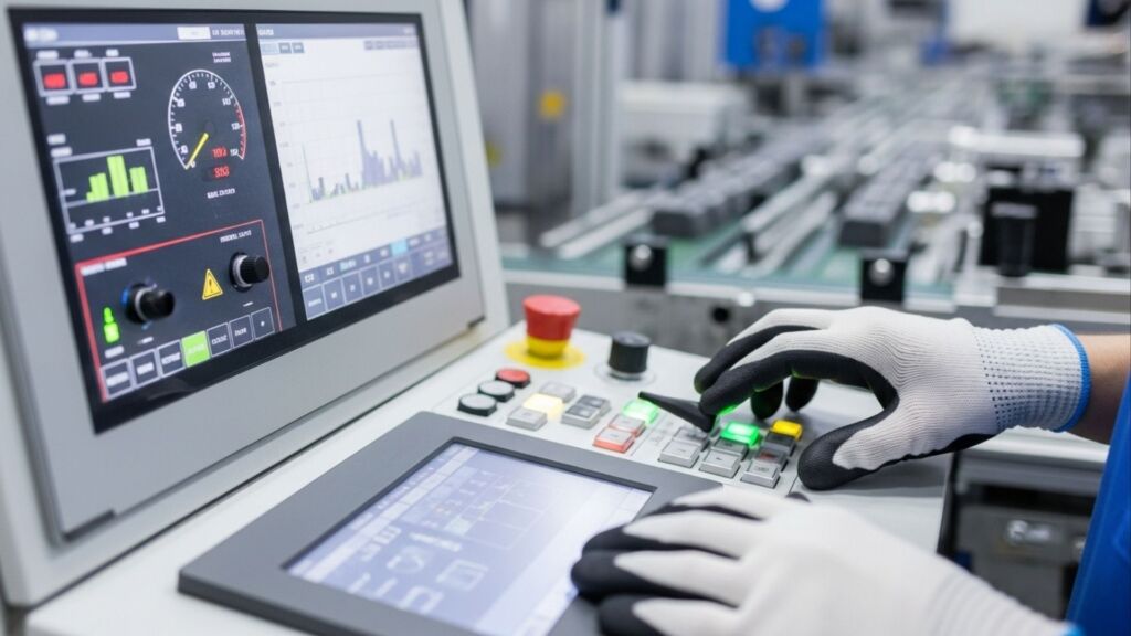 Mão com luva operando painel de controle com telas digitais e botões coloridos em linha de produção automatizada.