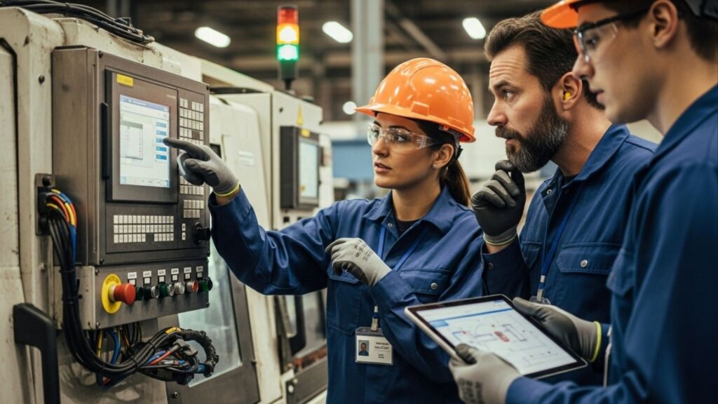Equipe de trabalhadores usando equipamentos de proteção analisando tela de controle em ambiente industrial, com uma mulher apontando para o monitor.