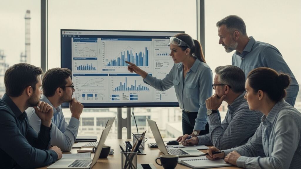 Mulher apresentando gráficos em uma tela para colegas durante reunião em sala de escritório com vista para área industrial ao fundo.