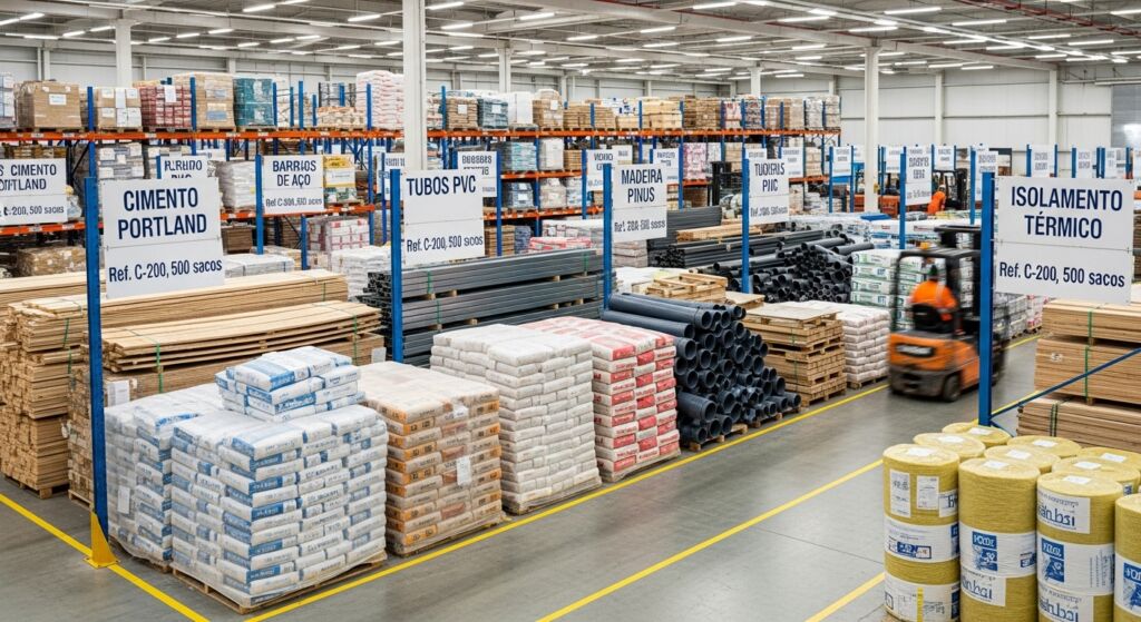 Depósito organizado de materiais de construção com placas indicando setores como cimento Portland, tubos PVC, madeira pinus e isolamento térmico; empilhadeira em movimento e prateleiras cheias ao fundo.