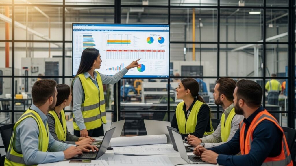 Grupo de cinco profissionais em reunião em um ambiente industrial, todos usando coletes de segurança, enquanto uma mulher aponta para um grande monitor exibindo gráficos e dashboards de desempenho.