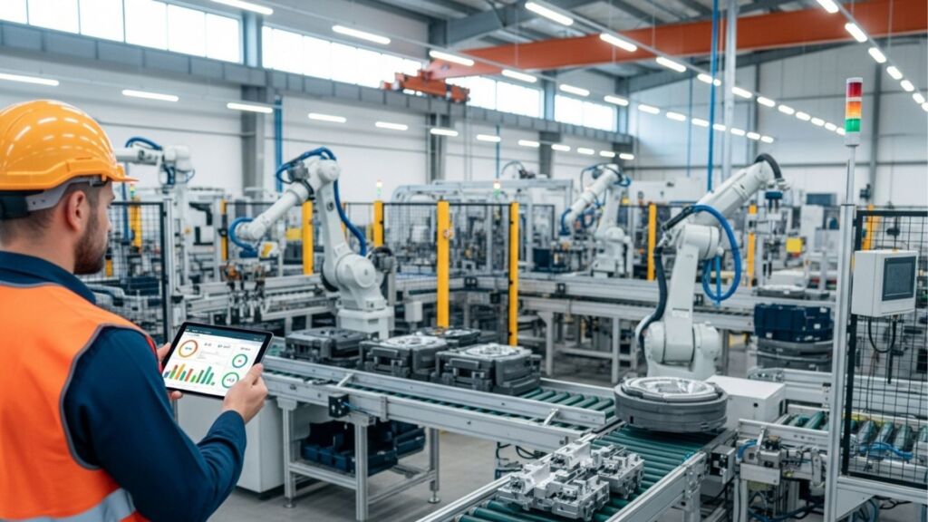 Homem em uma fábrica usando colete e capacete de segurança, segurando um tablet com gráficos e dashboards, observando braços robóticos e máquinas industriais em uma linha de produção automatizada.