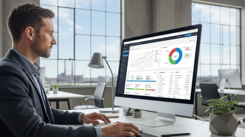 Homem sentado à mesa de escritório, olhando para um computador desktop com gráficos e dashboards de desempenho exibidos na tela, ambiente iluminado por grandes janelas com plantas ao redor.