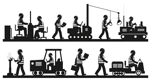 Ilustração em silhueta mostrando trabalhadores industriais em sequência de atividades, incluindo operação de máquinas, transporte de materiais, inspeção, uso de empilhadeira e controle de processos, representação de fluxo de trabalho e linha de produção industrial.