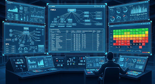 Sala de controle industrial com operador sentado diante de múltiplas telas exibindo dashboards, fluxogramas de processos, tabelas FMEA, gráficos de desempenho e mapas de risco, ambiente tecnológico voltado para monitoramento, análise de dados e tomada de decisão em operações industriais.