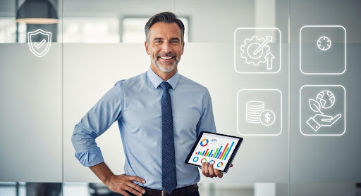 Homem de meia-idade usando camisa social azul e gravata, segurando tablet com gráficos de desempenho e indicadores financeiros, em ambiente corporativo moderno com ícones de segurança, eficiência, custos e manutenção ao fundo, conceito de gestão empresarial e análise de dados.