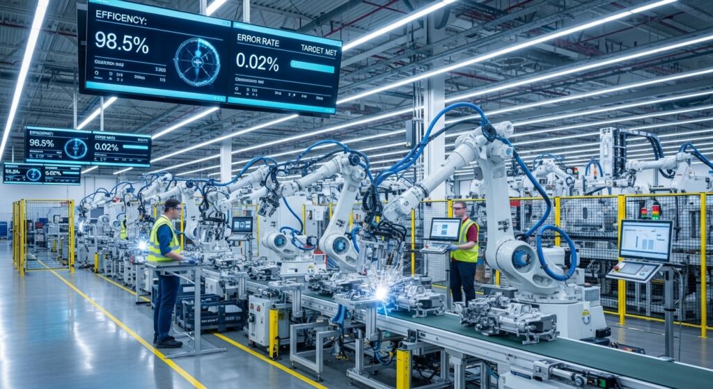 Linha de produção automatizada com braços robóticos e telas exibindo dados de eficiência em fábrica moderna.