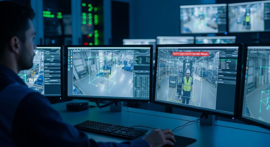 Profissional monitora câmeras e sistemas de segurança industrial em múltiplas telas de computador.