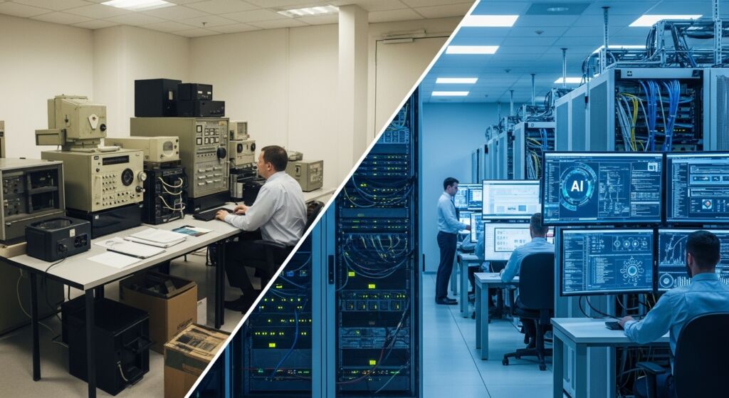 Comparação entre laboratório antigo com equipamentos analógicos e data center moderno com monitores digitais e servidores.