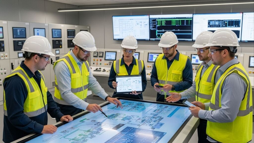Seis profissionais com capacetes e coletes refletivos analisando projeto técnico em tela interativa, cercados por painéis de controle e monitores.