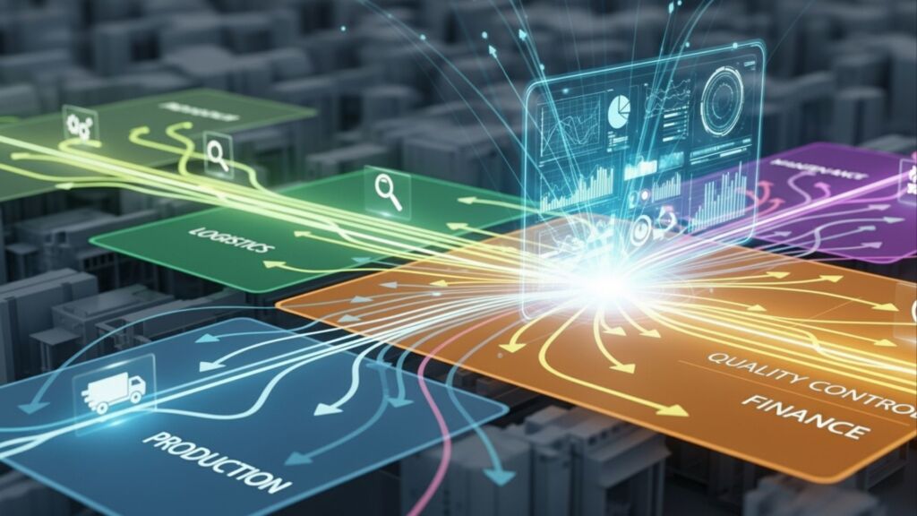 Ilustração digital representando sistema integrado com painéis de produção, logística, controle de qualidade e finanças interconectados por fluxos de dados.