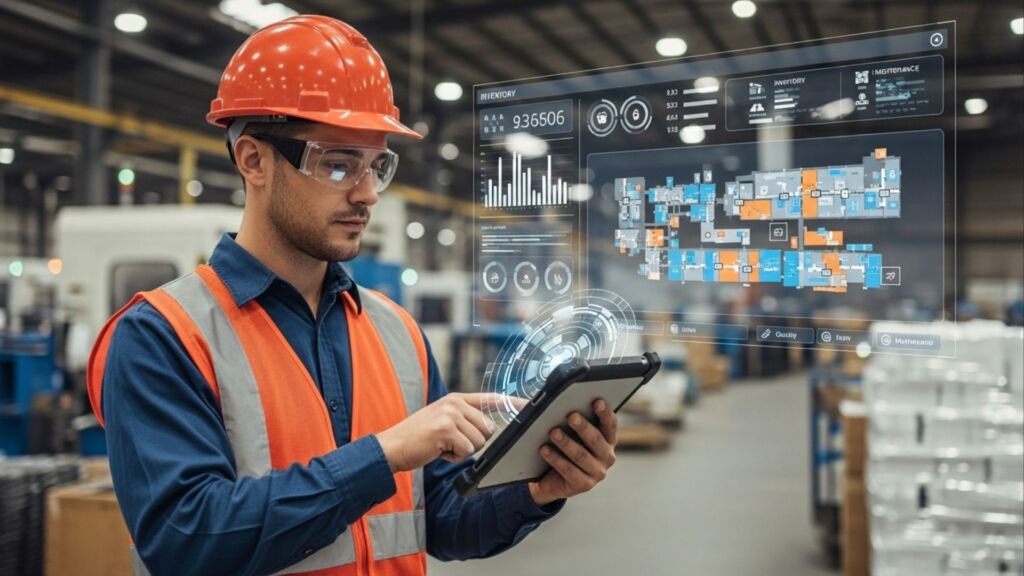 Operador com capacete vermelho usando tablet em fábrica, diante de interface digital com gráficos, inventário e layout do chão de produção.