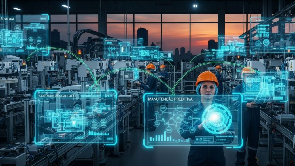 Trabalhadores com capacetes laranja em ambiente industrial operando máquinas, com interfaces digitais projetadas indicando manutenção preditiva e controle de qualidade.