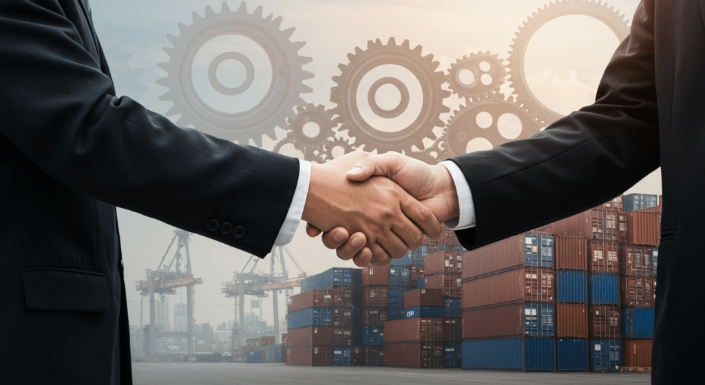 Aperto de mãos entre empresários com contêineres e engrenagens ao fundo, simbolizando parceria industrial e logística.