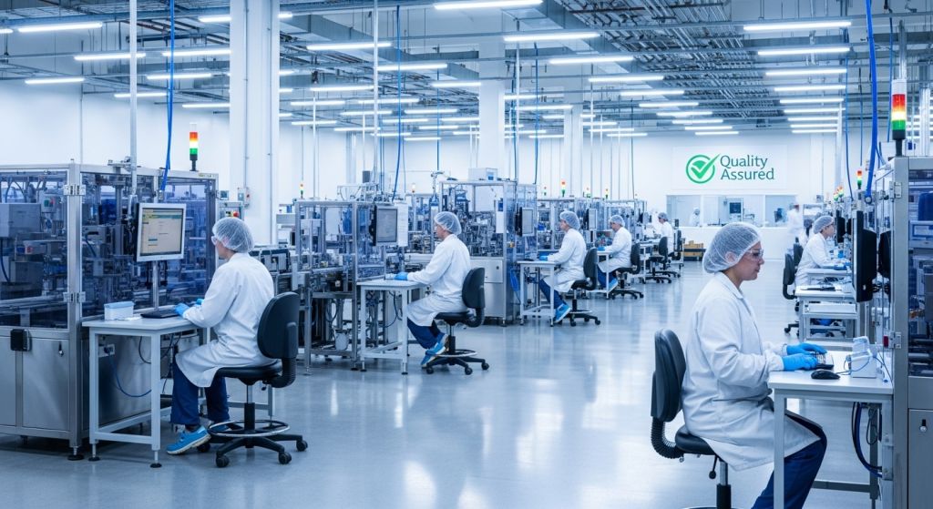 Funcionários em trajes de proteção trabalhando em linha de produção automatizada de fábrica.