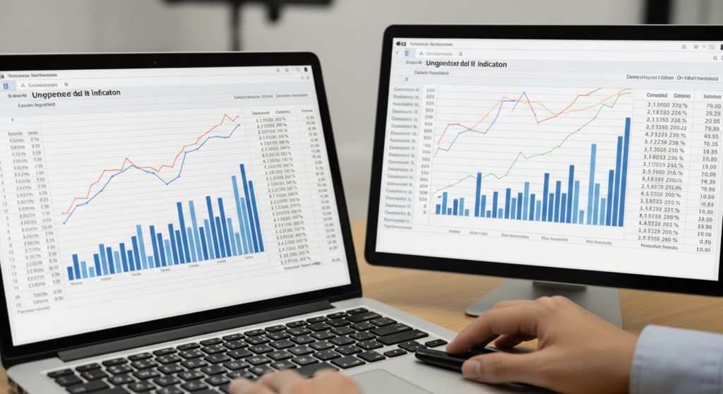 Pessoa analisando gráficos e tabelas de indicadores econômicos em dois monitores.