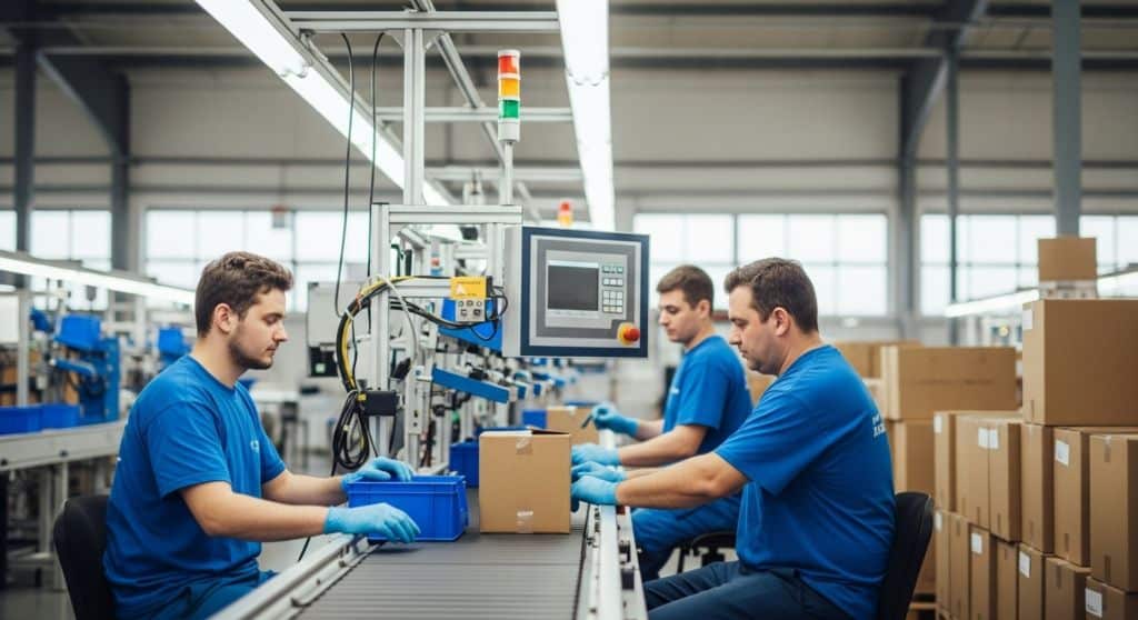 O ChatGPT disse:
Trabalhadores em linha de montagem embalando produtos em caixas de papelão.