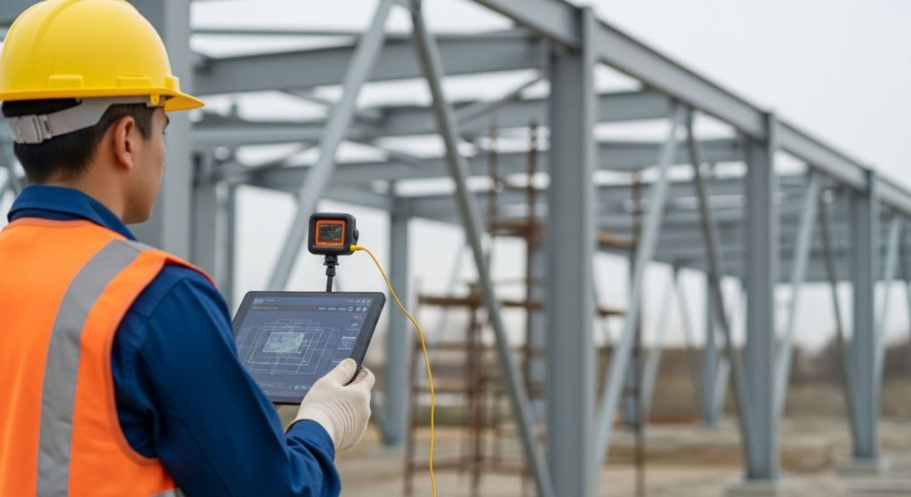 Engenheiro com capacete e colete de segurança usando tablet para inspecionar estrutura metálica em obra.