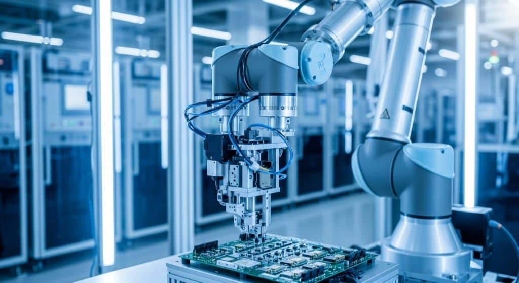 Braço robótico automatizado montando placa de circuito eletrônico em ambiente industrial.