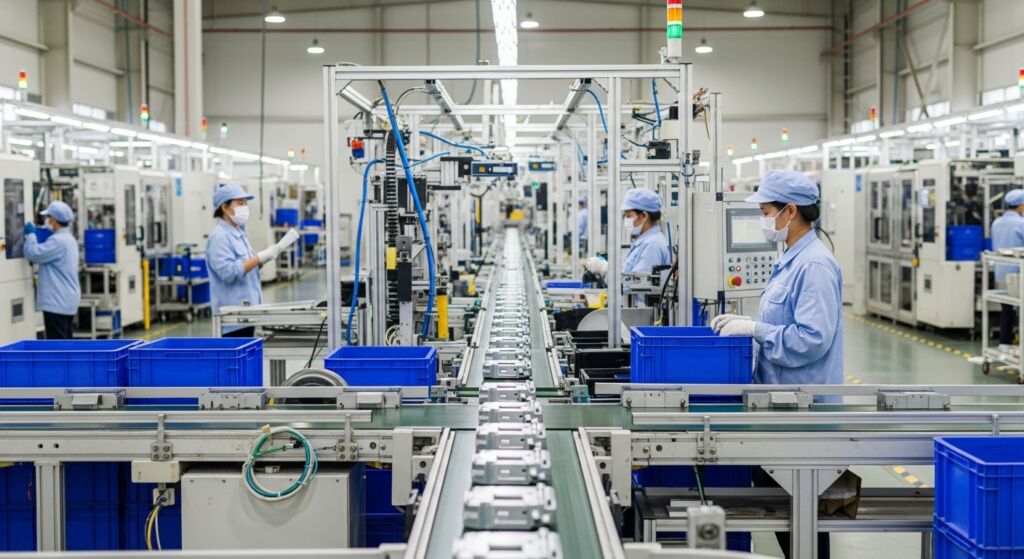 Linha de produção em uma fábrica, com trabalhadores usando uniformes azuis e máscaras, operando máquinas e manuseando caixas azuis. A instalação é bem organizada e cheia de equipamentos automatizados.