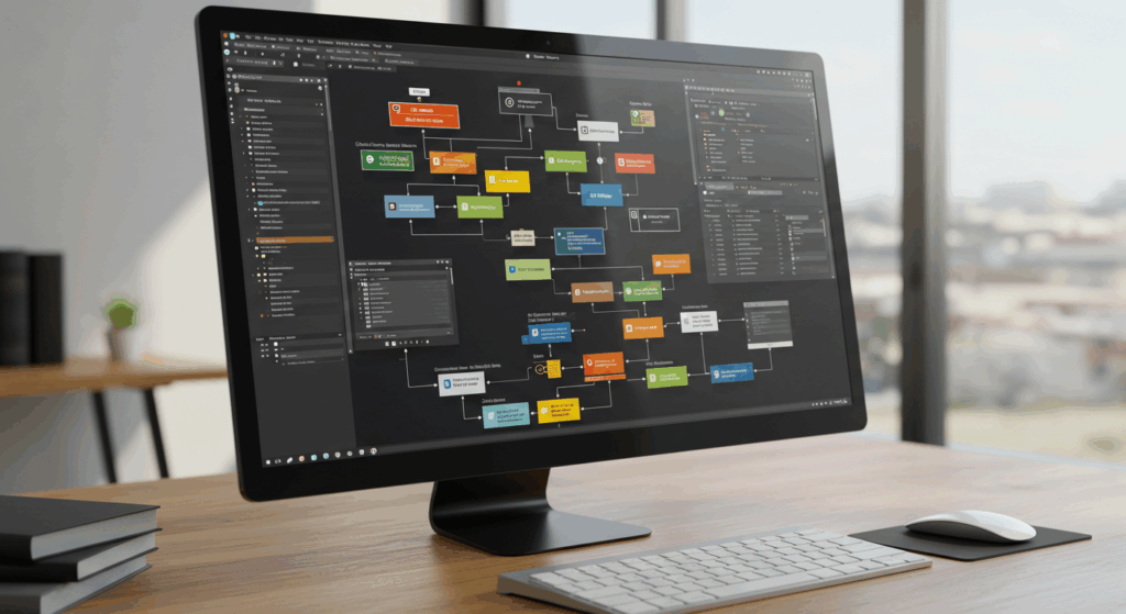 Tela de computador exibindo um diagrama de fluxo complexo, com várias caixas coloridas e conexões, sugerindo um processo ou sistema digital em andamento. O ambiente é moderno e bem iluminado, com uma planta e livros no fundo.