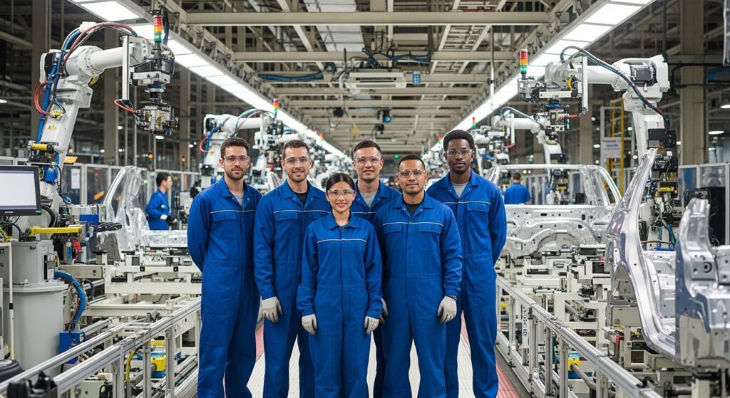 Grupo de trabalhadores em uma fábrica de montagem de carros. Eles estão rodeados por robôs industriais que ajudam na linha de produção.