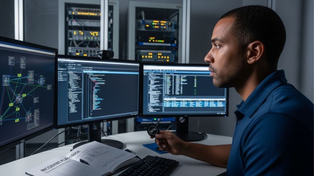 A segunda imagem mostra um profissional de TI analisando redes e dados em tempo real em um ambiente de servidor. Ele está usando várias telas para monitorar incidentes e processar informações, destacando o papel crucial da tecnologia no monitoramento e análise de sistemas em tempo real.
