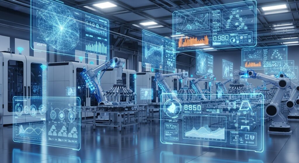 Linha de produção automatizada com braços robóticos em funcionamento cercados por painéis flutuantes de dados, gráficos e indicadores digitais, representando um ambiente de fábrica inteligente com tecnologia avançada.