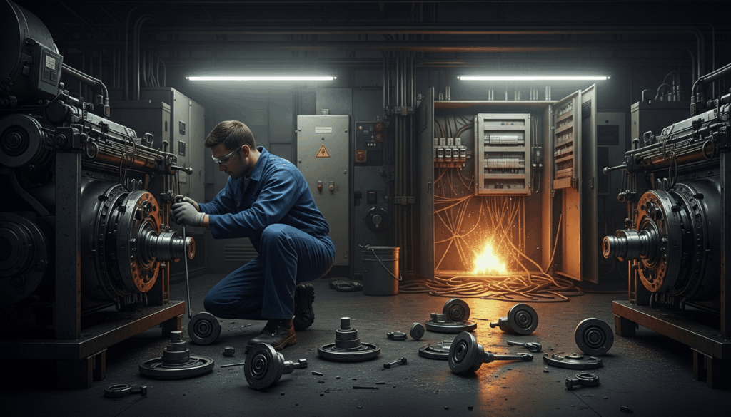 Técnico agachado faz manutenção em máquina industrial cercado por peças soltas no chão, enquanto ao fundo há um painel elétrico com cabos expostos e faíscas saindo, sugerindo risco de falha ou curto-circuito.