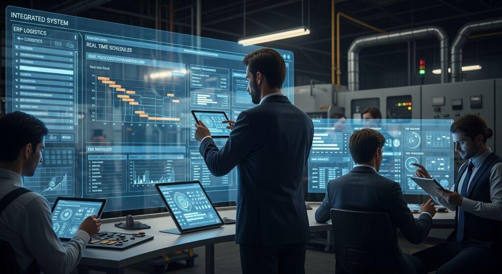 Profissionais em sala de controle interagindo com grandes painéis digitais de gestão e monitoramento industrial.