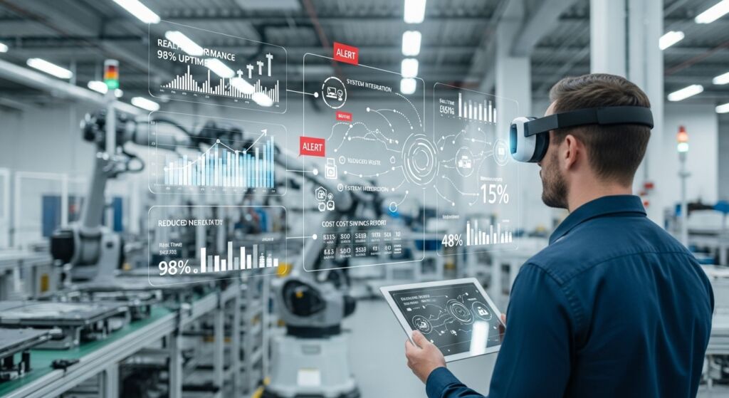 Homem com óculos de realidade virtual em fábrica usando tablet com gráficos e dados flutuantes de desempenho.