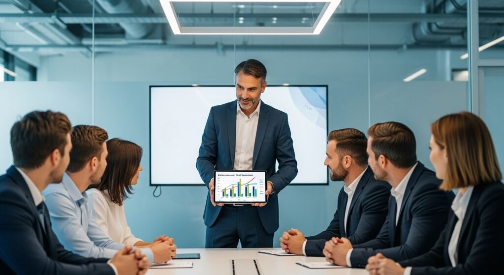 Homem de terno apresenta um gráfico de barras em um tablet durante reunião com seis pessoas em sala corporativa, todos em traje formal, indicando uma discussão de desempenho ou custos.