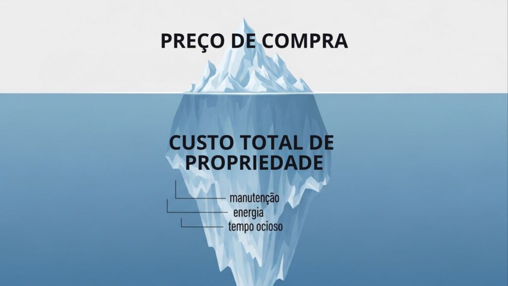 Alt text disse: Ilustração de um iceberg com a parte visível acima da água identificada como “Preço de compra” e a parte submersa como “Custo total de propriedade”, incluindo itens como manutenção, energia e tempo ocioso.
