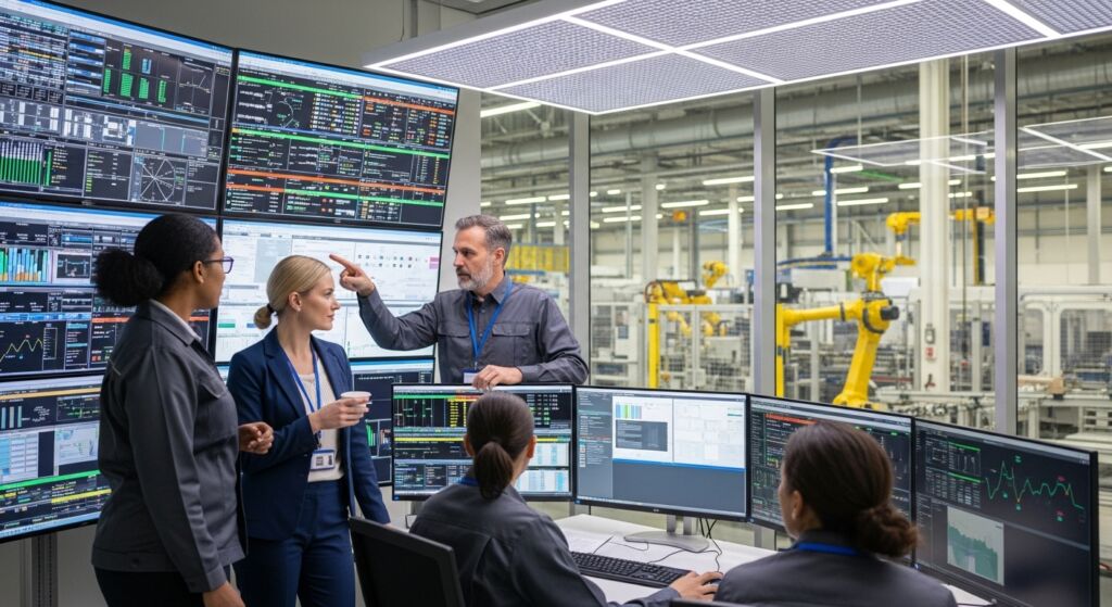 Sala de controle com profissionais acompanhando dados em múltiplas telas, fábrica visível por janelas ao fundo.