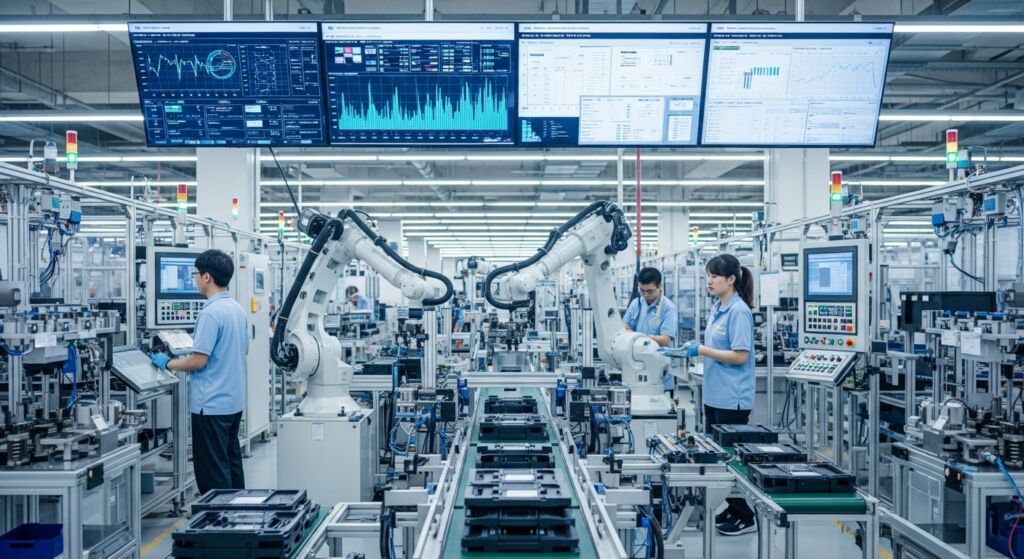 Fábrica automatizada com braços robóticos, operadores em estações e telas exibindo gráficos de produção.